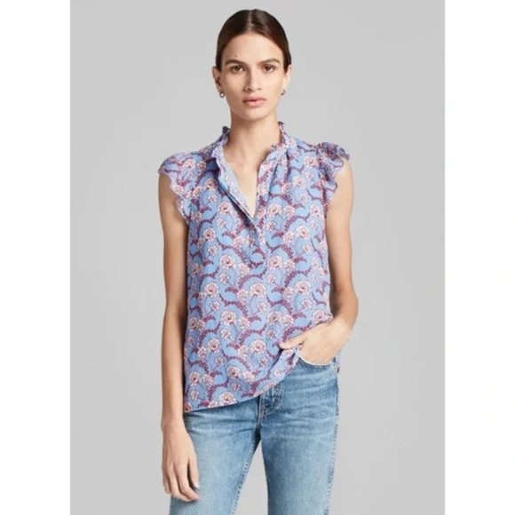 A.L.C. Foley High-Neck Floral Sleeveless Top Blue Ruffle Size 6 - Picture 2 of 7